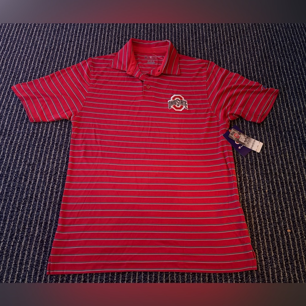 NWT Mens Small Champion Ohio State Buckeyes Polo Shirt Striped Logo NCAA Golf